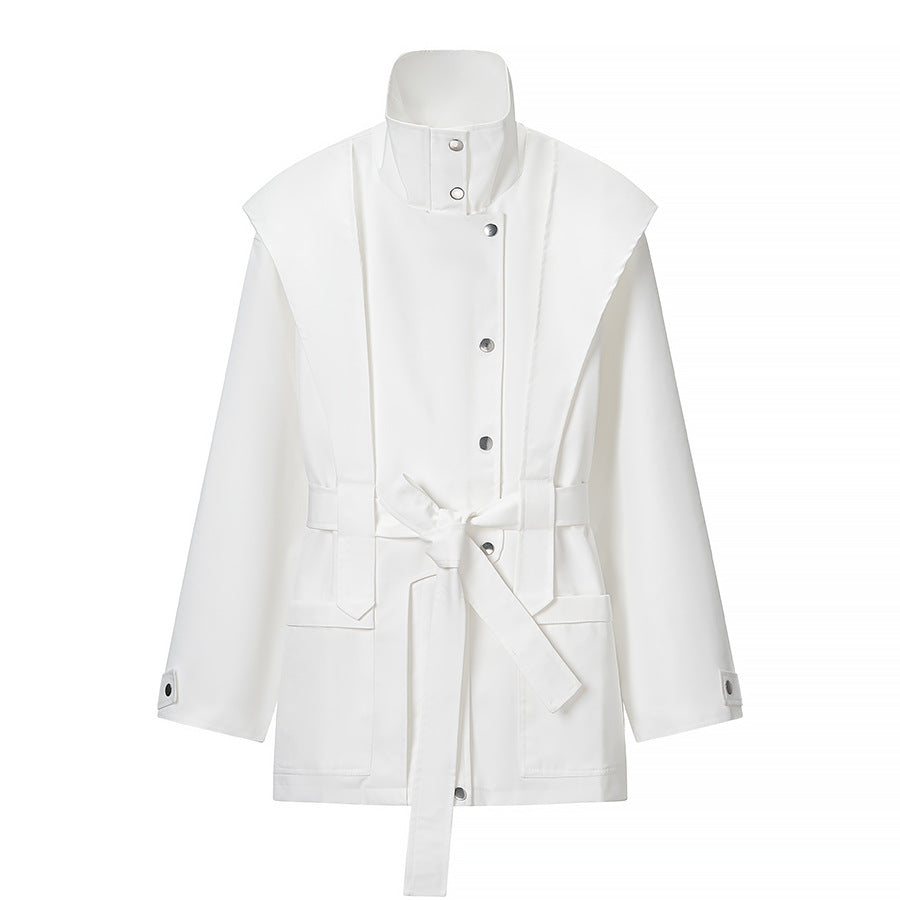 Damen Taillierte Übergangsjacke mit Stehkragen, Schultercape und Bindegürtel Nord Taschen