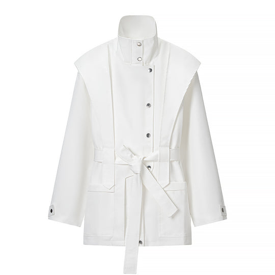 Damen Taillierte Übergangsjacke mit Stehkragen, Schultercape und Bindegürtel Nord Taschen
