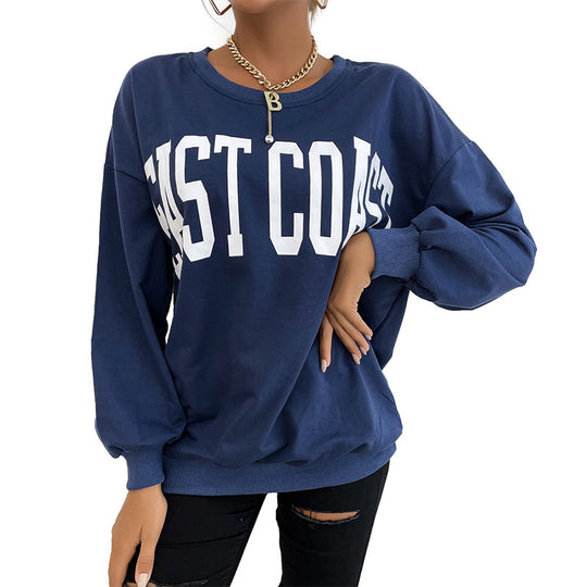 Damen Lockeres Rundhals-Sweatshirt im Collegestyle mit Blockschrift-Print und geripptem Saum Nord Taschen
