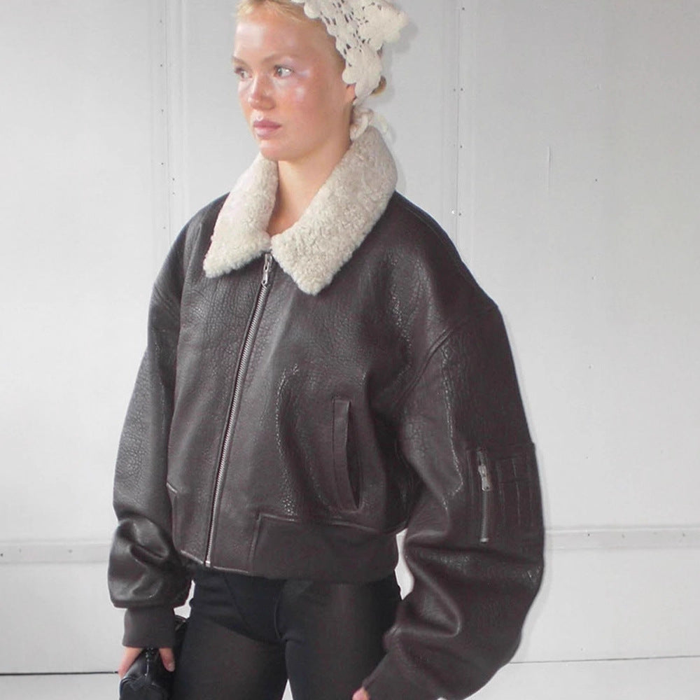 Damen Oversized Fliegerjacke im Biker-Bomber-Stil mit Teddykragen Nord Taschen