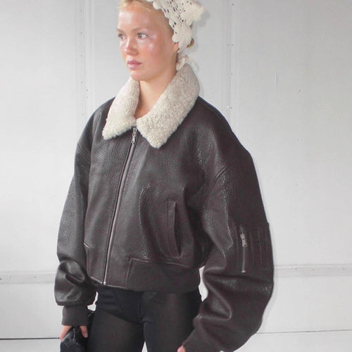 Damen Oversized Fliegerjacke im Biker-Bomber-Stil mit Teddykragen Nord Taschen