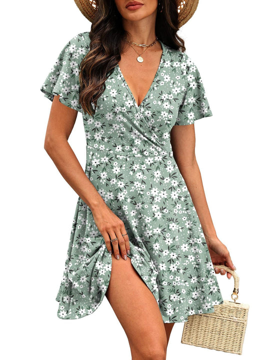 Damen Kurzärmeliges Wickelkleid mit floralen Mustern und V-Ausschnitt