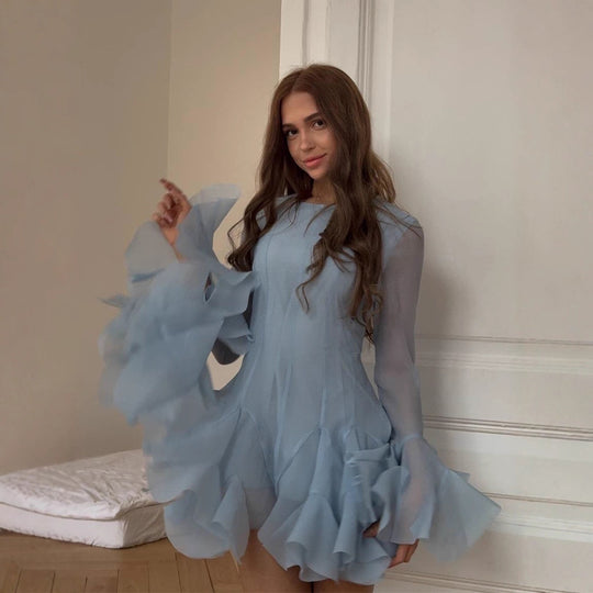 Damen Rüschen‑Chiffon‑Minikleid mit Volants und transparenten Ärmeln Nord Taschen