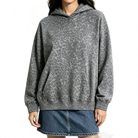 Damen Oversize-Kapuzenpullover mit Leomuster, Kängurutasche und überschnittener Schulter Nord Taschen