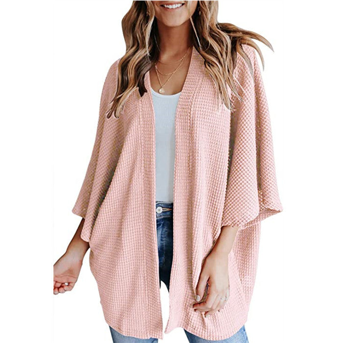 Damen Waffelstrick Offener Kimono-Cardigan mit Fledermausärmeln Nord Taschen