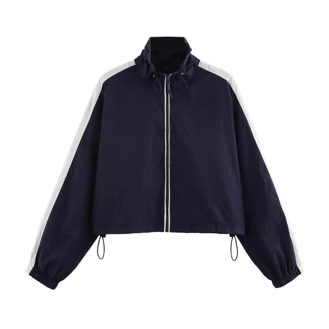 Damen Cropped Windbreaker-Jacke mit hohem Kragen, Tunnelzug und Kontraststreifen Nord Taschen