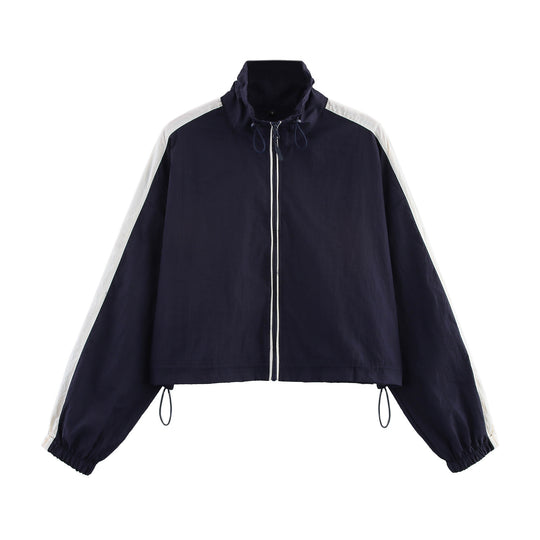 Damen Cropped Windbreaker-Jacke mit hohem Kragen, Tunnelzug und Kontraststreifen Nord Taschen