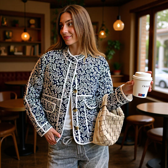 Damen gesteppte Übergangsjacke mit Stehkragen, Paisley‑Print und Kontrastpaspel Nord Taschen