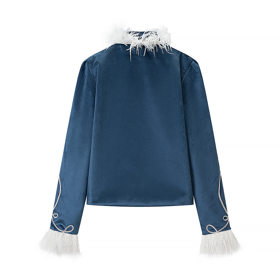 Damen Samt-Militärjacke mit Federbesatz und Zierpaspelierung Nord Taschen