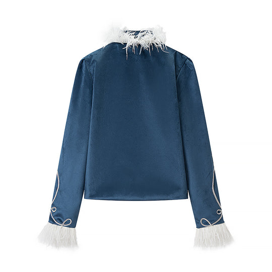 Damen Samt-Militärjacke mit Federbesatz und Zierpaspelierung Nord Taschen