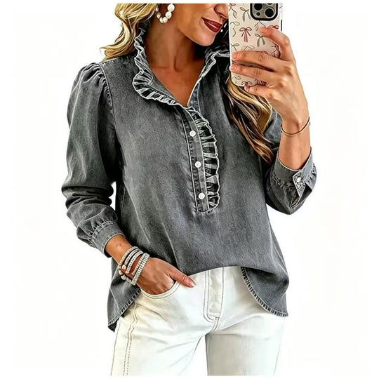Damen Jeansbluse mit Rüschenkragen und Ballonärmeln Nord Taschen
