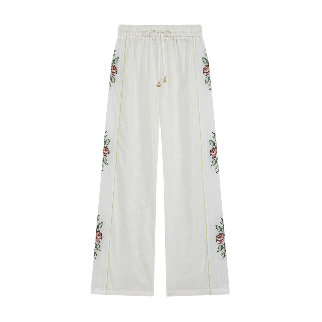 Damen Weite Leinen‑Optik Hose mit Tunnelzugbund und seitlicher Blumenstickerei Nord Taschen
