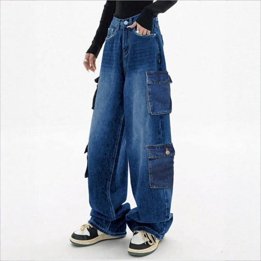 Damen Weite High-Waist Cargo-Jeans im Baggy-Schnitt mit Mehrfach-Taschen Nord Taschen