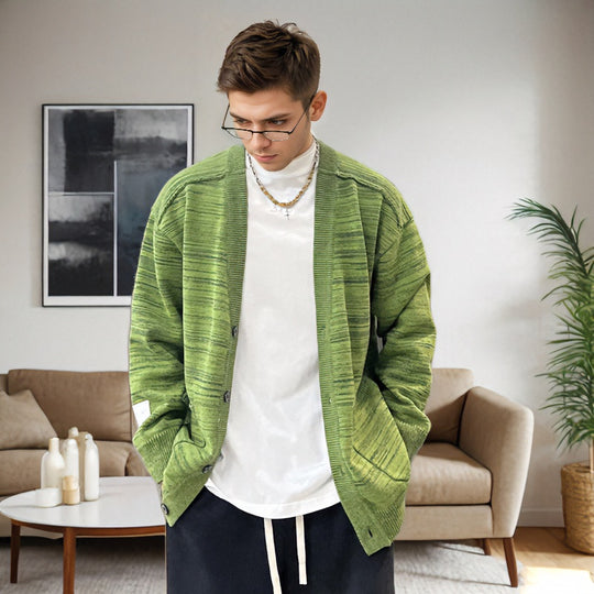 Herren Lockerer Melierter Oversize-Strickcardigan mit Knopfleiste und aufgesetzten Taschen Nord Taschen