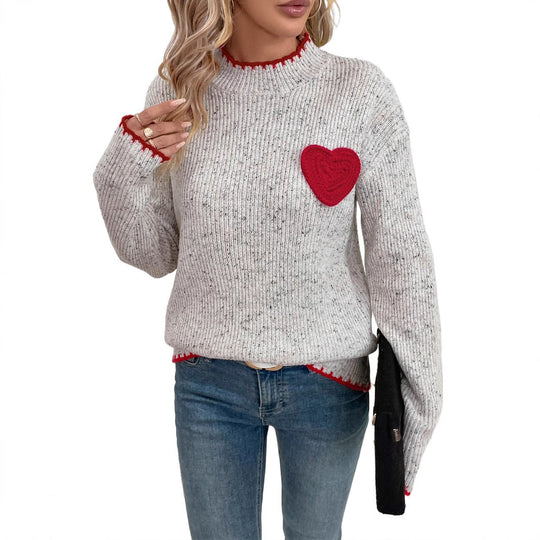 Damen Gerippter Feinstrick-Pullover mit Herz‑Applikation und kontrastierter Saumkante Nord Taschen