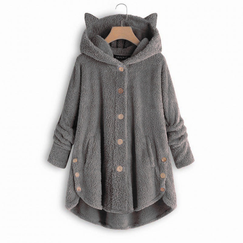 Damen Kapuzen-Teddy-Mantel mit Katzenohren, Knopfleiste und asymmetrischem Saum Nord Taschen