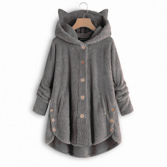 Damen Kapuzen-Teddy-Mantel mit Katzenohren, Knopfleiste und asymmetrischem Saum Nord Taschen