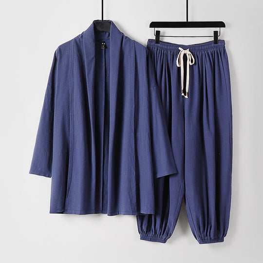 Unisex Entspanntes Kimono-Zweiteiler aus Baumwollmusselin mit Schalkragenjacke und geraffter Knöchelhose Nord Taschen
