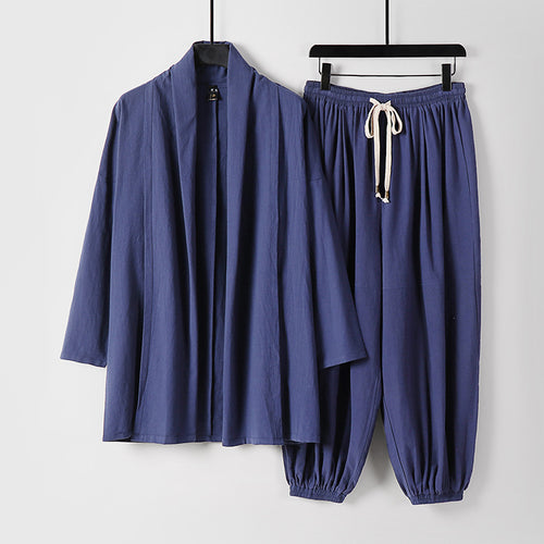 Unisex Entspanntes Kimono-Zweiteiler aus Baumwollmusselin mit Schalkragenjacke und geraffter Knöchelhose Nord Taschen