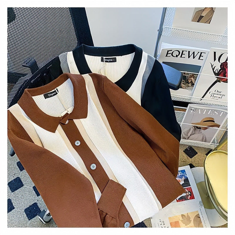 Damen Feinstrick-Cardigan mit Polokragen, kontrastierenden Rippeinsätzen und durchgehender Knopfleiste Nord Taschen