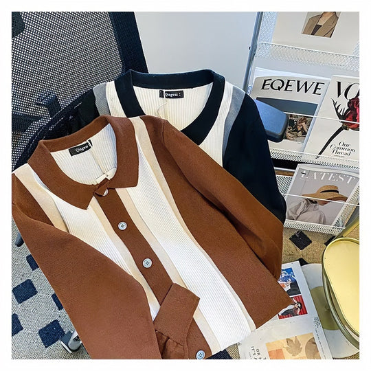 Damen Feinstrick-Cardigan mit Polokragen, kontrastierenden Rippeinsätzen und durchgehender Knopfleiste Nord Taschen