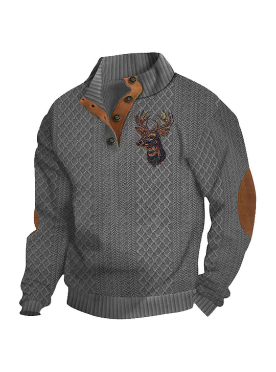 Herren nan Heritage-Strukturpullover mit Stehkragen Lederimitat-Besatz Ellenbogen-Patches und Halbknopfleiste