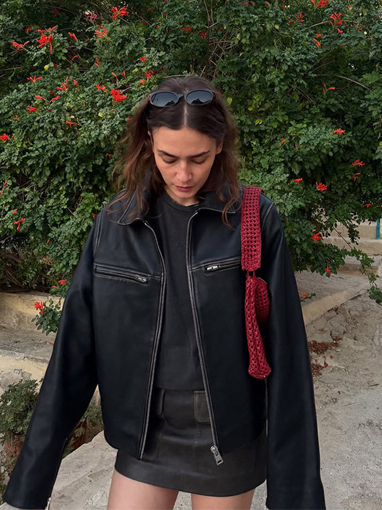 Damen Boxy-Lederimitatjacke mit zweifachem Reißverschluss und Brustzippern Nord Taschen