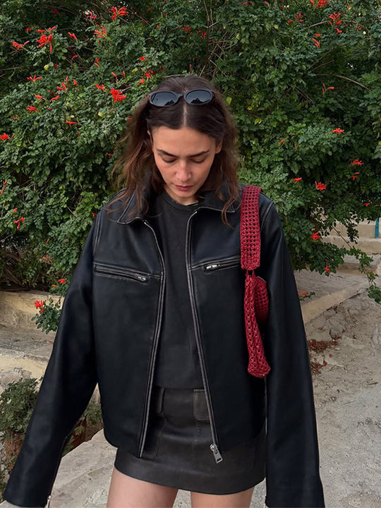 Damen Boxy-Lederimitatjacke mit zweifachem Reißverschluss und Brustzippern Nord Taschen