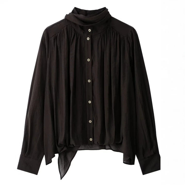Damen Locker fallende Chiffon‑Bluse mit Schalkragen, Knopfleiste und Ballonärmeln Nord Taschen