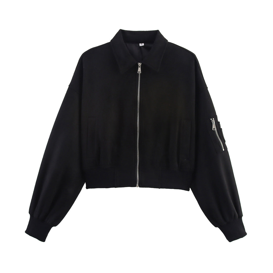 Damen Cropped Bomberjacke in Veloursoptik mit Hemdkragen, Ärmel-Tasche und tailliertem Rippbund Nord Taschen