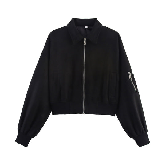 Damen Cropped Bomberjacke in Veloursoptik mit Hemdkragen, Ärmel-Tasche und tailliertem Rippbund Nord Taschen