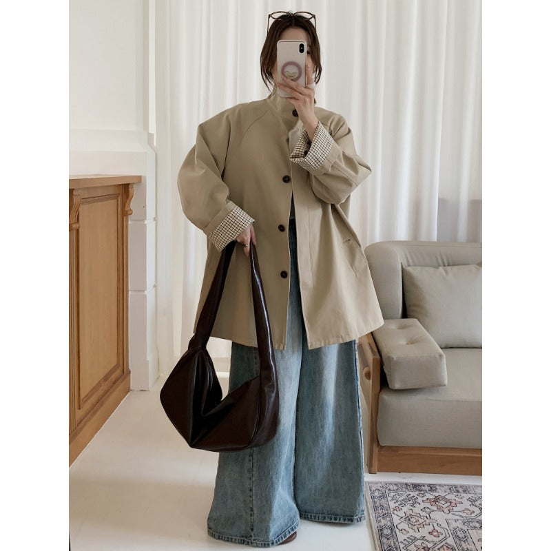 Damen Oversize-Mantel mit Stehkragen und kariertem Ärmelsaum Nord Taschen