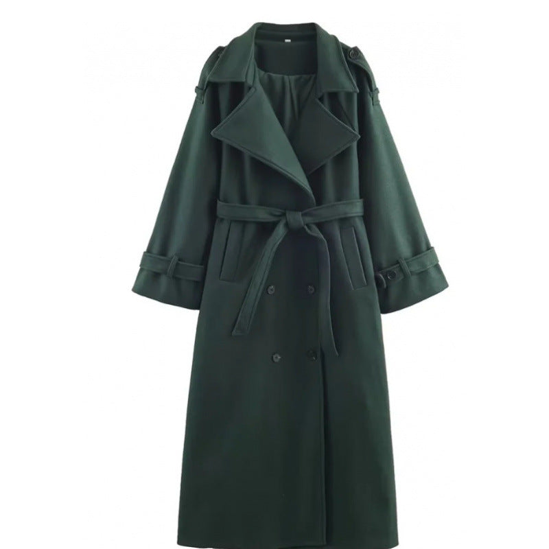 Damen langer doppeltreihiger Wollmix-Trenchcoat mit Gürtel und breitem Revers Nord Taschen