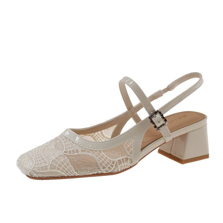 Damen Slingback-Pumps mit floralem Spitzenmuster und elegantem Blockabsatz