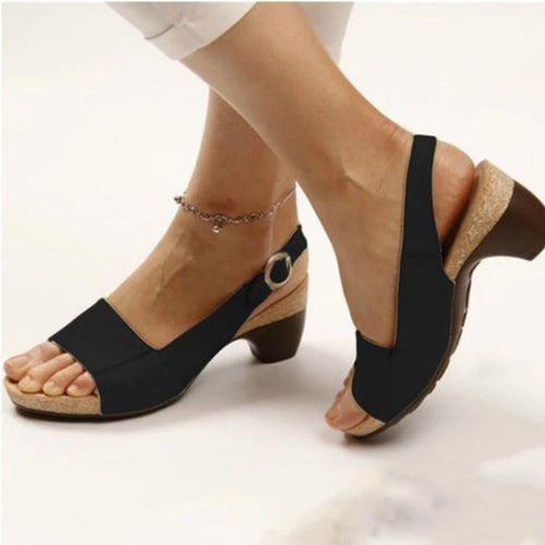 Damen nan Sandalette mit elastischem Fersenriemen ergonomischem Kork-Komfortfußbett und niedrigem geschwungenem Absatz