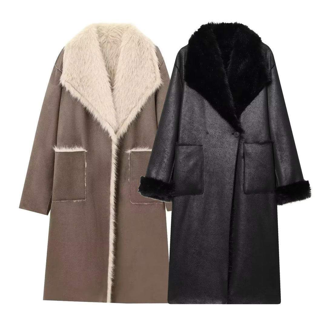 Damen Langer Mantel mit Kunstfellfutter und voluminösem Schalkragen Nord Taschen
