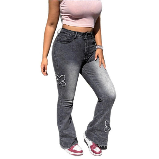 Damen Hochtaillierte Flared-Jeans mit Schmetterlingsstickerei, rohem Saum und sculptendem Stretchbund Nord Taschen