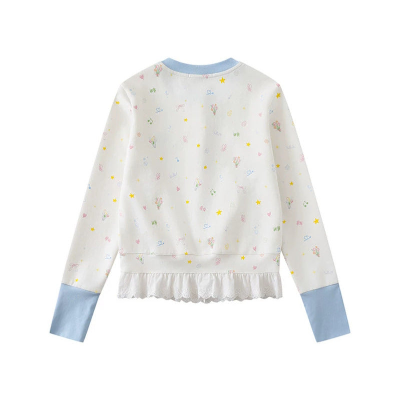 Damen Knopfleisten-Cardigan mit Spitzenvolant, pastelligem Allover-Print und Kontrastbündchen Nord Taschen
