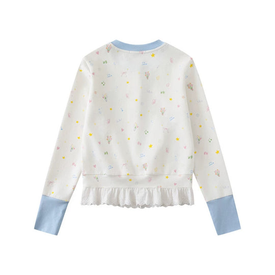 Damen Knopfleisten-Cardigan mit Spitzenvolant, pastelligem Allover-Print und Kontrastbündchen Nord Taschen