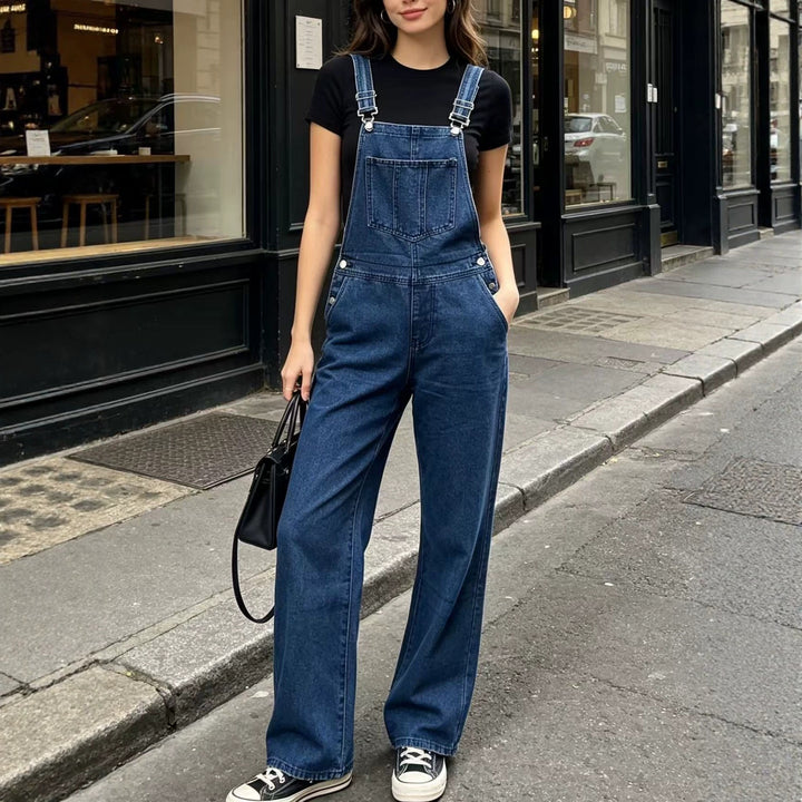 Damen weite Denim-Latzhose mit hoher Taille, verstellbaren Trägern und lässigem Schlag Nord Taschen