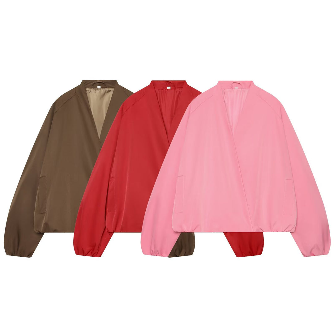 Damen Leichte Cropped Bomberjacke im Oversize‑Look mit offenem Schalkragen Nord Taschen