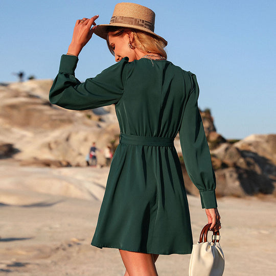 Damen Elegantes Kurzarm Kleid mit Gürtel Nord Taschen
