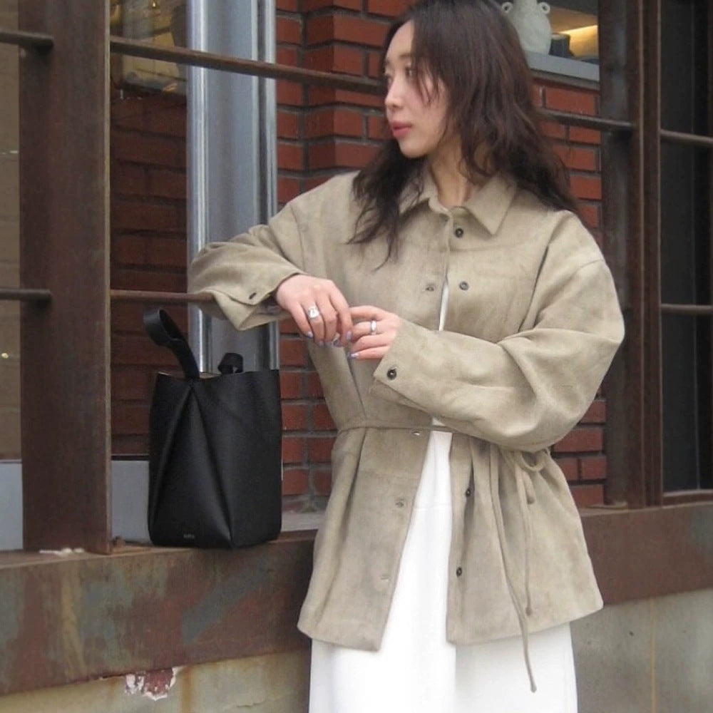 Damen Oversize Velourslederoptik-Utility-Jacke mit Tunnelzugtaillierung Nord Taschen