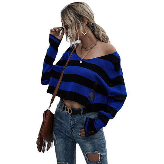 Damen Lässiger Crop-Pullover mit Streifen und Destroyed-Details Nord Taschen