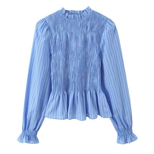 Damen Gestreifte Bluse mit Smok-Front, Stehkragen und Volant-Saum Nord Taschen