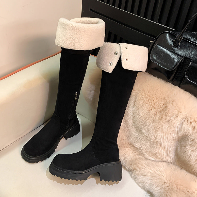 Damen kniehohe Worker‑Stiefel mit umklappbarem Teddy‑Bündchen und sculpted Plateau‑Absatz Nord Taschen