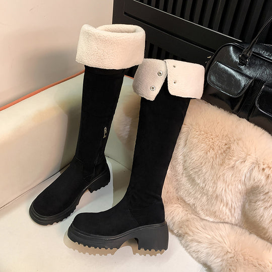 Damen kniehohe Worker‑Stiefel mit umklappbarem Teddy‑Bündchen und sculpted Plateau‑Absatz Nord Taschen