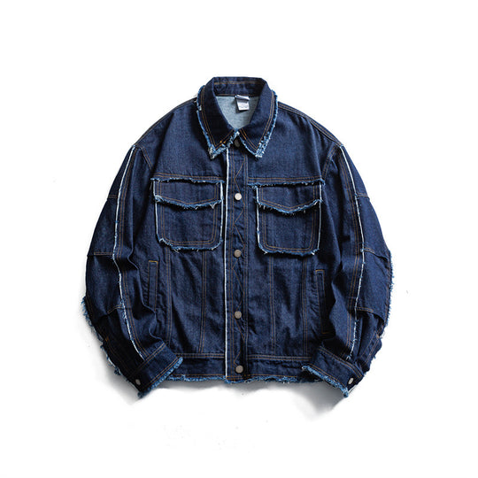 Herren Oversize Jeansjacke mit ausgefransten Kanten und großen Pattenstaschen Nord Taschen