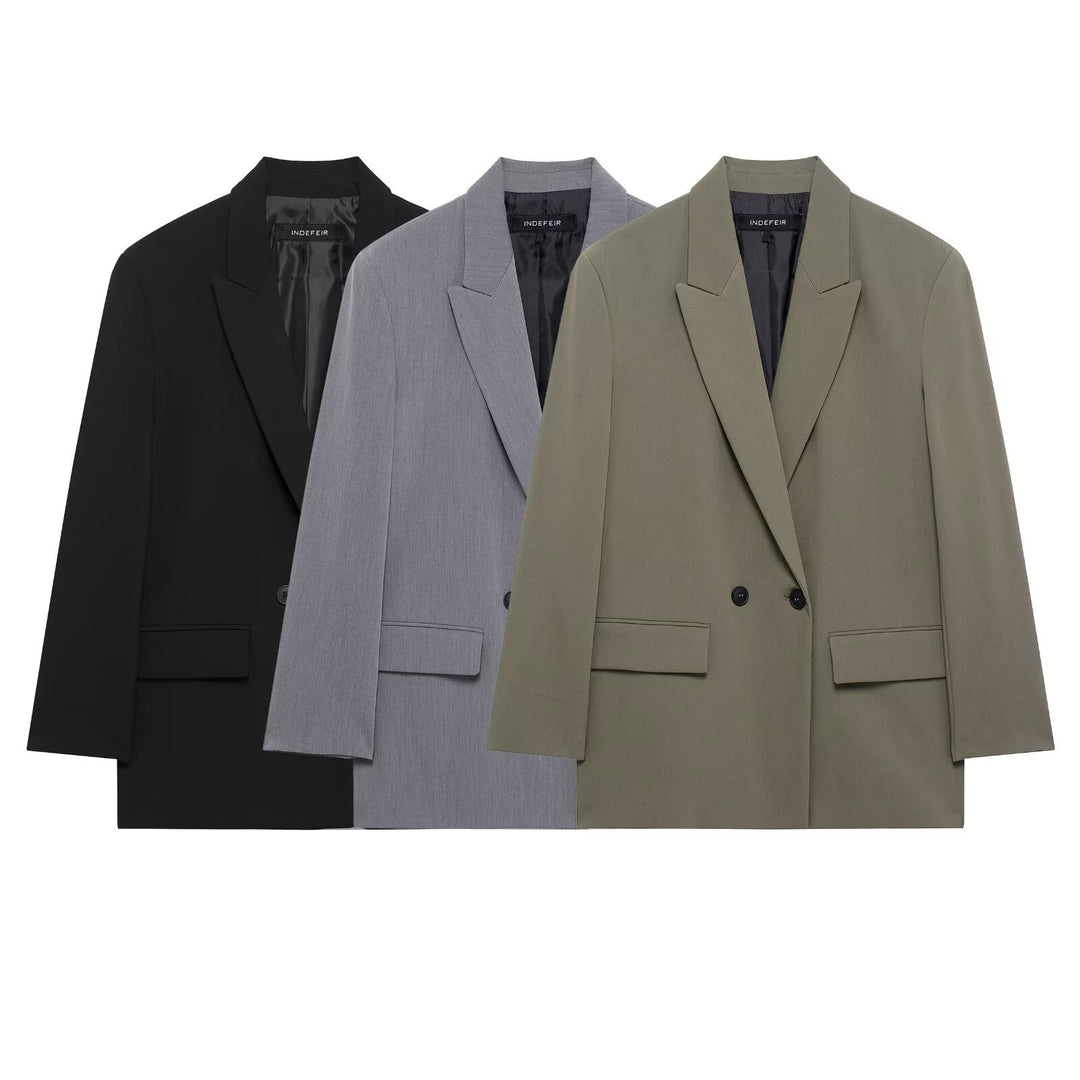 Damen Langer Zweireihiger Blazer-Mantel mit Oversize-Schnitt und Pattentaschen Nord Taschen