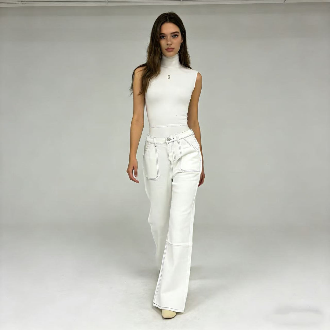 Damen hochgeschnittene Relaxed-Jeans mit geradem Bein und aufgesetzten Fronttaschen Nord Taschen